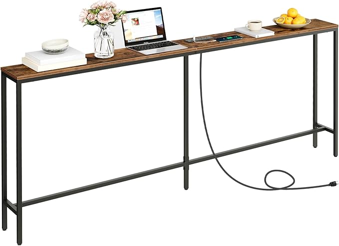 78.7" Console Table with Power Outlet, Narrow Sofa Table, Industrial Entryway Table with USB Ports, Behind Couch for Entryway, Hallway, Foyer, Living Room, Rustic Brown CTHR20E01