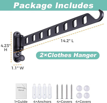 Wall Mounted Clothes Hanger with Swing Arm - 8-Hole Laundry Drying Rack | 180° Rotation & Space Saving for Laundry Room, Closet | Sturdy Hanging Bar | Solid Aluminium(2-Pack, Black)