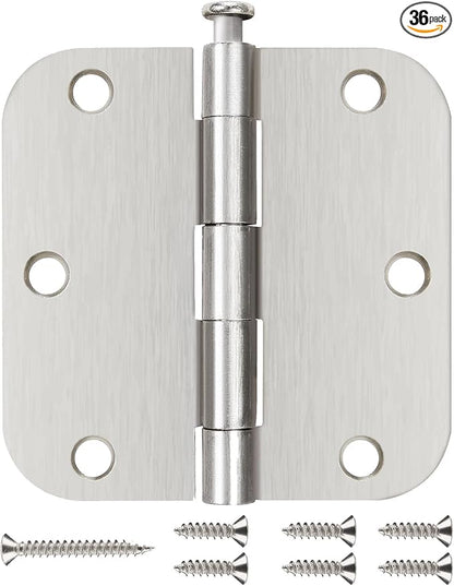 36 Pack Nickel Door Hinges Brushed Nickel 3 1/2 Interior Door Hinges Satin Nickel 3.5 Inch with 5/8” Radius Corners 3 ½"x 3 ½" Silver Hardware Controls JIW Garage Factory