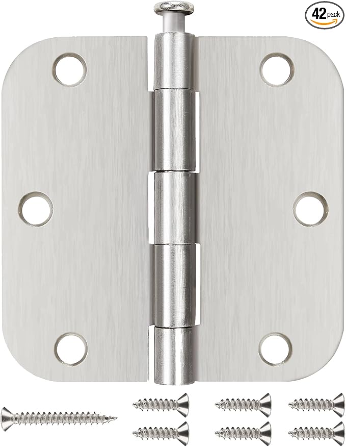 42 Pack Nickel Door Hinges Brushed Nickel 3 1/2 Interior Door Hinges Satin Nickel 3.5 Inch with 5/8” Radius Corners 3 ½"x 3 ½" Silver Hardware Controls JIW Garage Factory