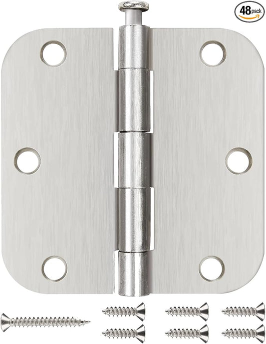 48 Pack Nickel Door Hinges Brushed Nickel 3 1/2 Interior Door Hinges Satin Nickel 3.5 Inch with 5/8” Radius Corners 3 ½"x 3 ½" Silver Hardware Controls JIW Garage Factory