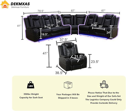 Power Reclining Sectional Sofa, Leather Power Recliner Sofa Set for Living Room, Black Breathing Leather Sectional Reclining Couches Set with LED Light/Cup Holder/USB Port for Home Theater