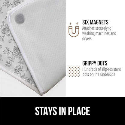 GORILLA GRIP Ironing Mat, Portable Iron Pad, Magnetic Cover for Top of Laundry Washer, Dryer, Tabletop, Countertop Padded Blanket, Silicone Coating and Scorch Resistant, Travel Size 28x24, Gray Floral