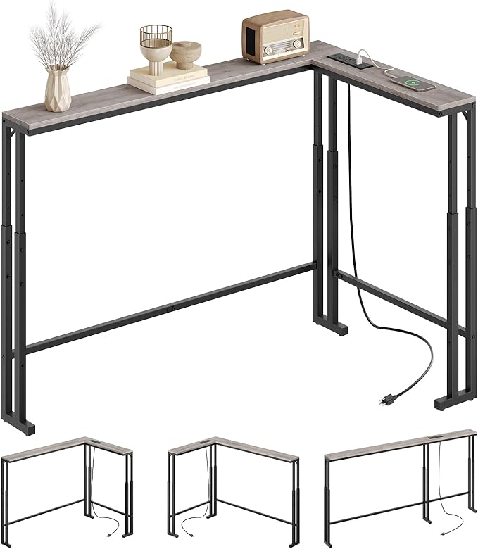 70.9" Narrow Console Table with Adjustable Height (27.6"-35.4"), L Shaped Sofa Table Narrow Long, Skinny Behind Couch Table with USB-C Ports, 5.9" Wide Sofa Side Table, Greige CT28UBG