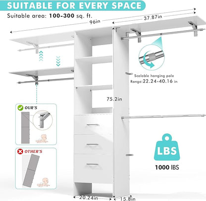 Walk in Closet Organizer System - with 3 Extendable Hanging Rods, Built-in Garment Rack with 6 Shelves, Wall Mounted Clothes Organizers Storage Systems for Bedroom