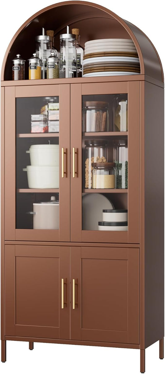 Metal Arched Bookcase Cabinet with 4 Doors,Arched Kitchen Pantry Cabinet for Home Office Living Room,Required Assembly,Brown