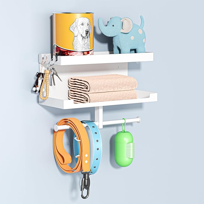 Dog Leash Holder for Wall, Leashes Hanger, Wall Mounted Dog Stuff Storage and Organizer, Metal Key Holder Pet Leash Hooks for Leashes, Training Treats, Chew Toys, Keys, Large (White)
