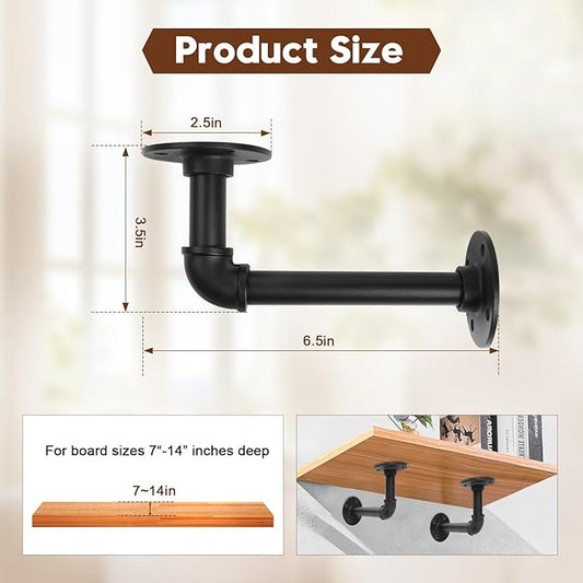 Storystore Industrial Pipe Shelf Brackets, 6 Pack Iron L-Shaped Shelving Brackets for 7-14 inches Board, Heavy Duty Metal Shelving Bracket - Black DIY Pipe Shelves (6.5 x 3.5 Inch)