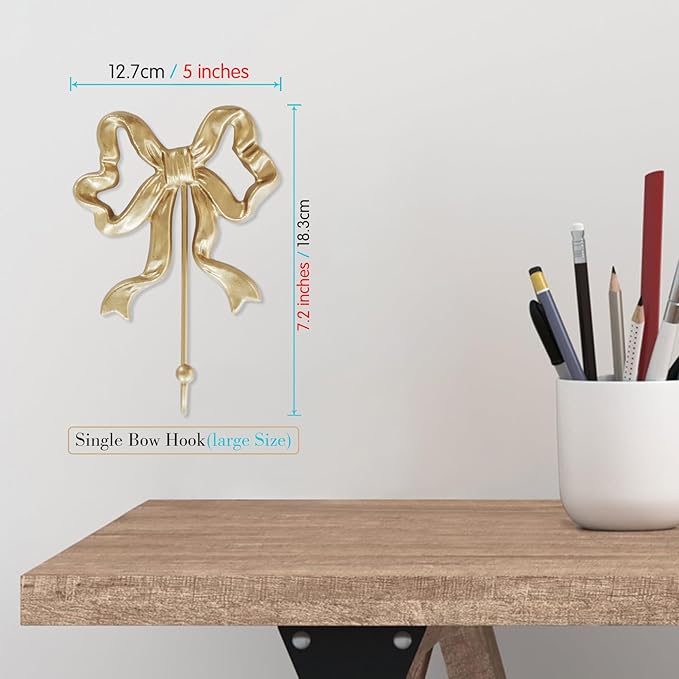 Single Bow Hook,Wall Mounted Functional Hook,Antique Gold Cast Iron Hooks for Coats,Hats,Bags, Bath Towels ,Room Decorations,Hallway,Bathroom,Kitchen,Office (Large single bow hooks:5x7.3 inches)