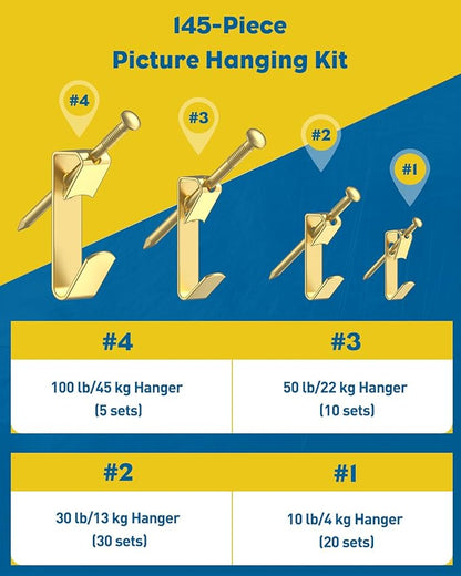 Uniclife 145 Pcs Picture Hanging Kit, 10 lb, 30 lb, 50 lb, 100 lb Heavy Duty Picture Hangers for Drywall & Wood, Picture Hanging Hooks, Frame Hooks for Hanging Photos Mirrors Paintings