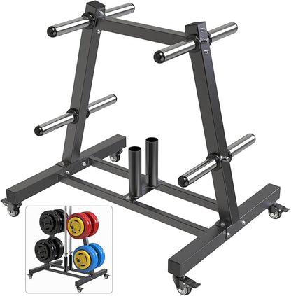 SELEWARE Olympic Weight Plate Tree Rack with 8 Weight Pegs & 2 Barbell Holders, Heavy-Duty Steel Gym Storage Organizer with Locking Wheels for 2 Inch Olympic Plates & Bars
