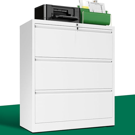 Lateral File Cabinet with Lock, 3 Drawer Metal File Cabinets for Home Office, Large Filing Storage Cabinet Printer Stand, Steel Wide File Cabinet for Legal/A4/F4/Letter Size Files, White
