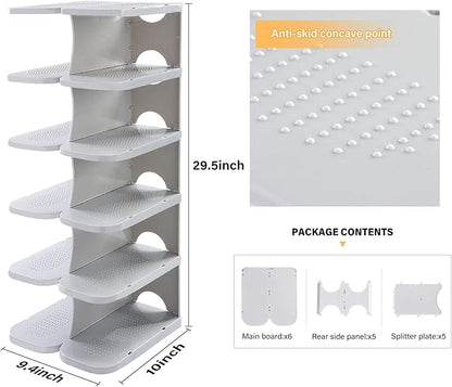 6-Tier Thickening Cubby Shoe Rack, Free Combination Shoe Organizer for Closet, Free Standing Shoe Tower, Stackable Space-Saving Adjustable Shoe Storage Shelf, Grey