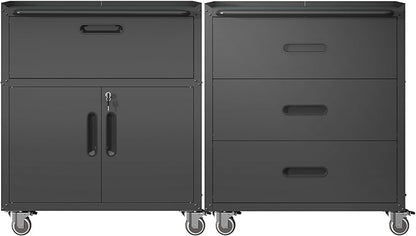 Metal Tool Cabinet,Garage Storage Cabinet System,Wall Cabinet & Locking Rolling Tool Cabinet with Doors and Adjustable Shelves,Steel Tool Cabinets for Home (2 Pcs-StyleE, Black)