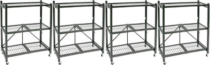 Origami 4-Pack R3 Storage Rack, 3-Tier Heavy-Duty Foldable Steel Shelf with Wheels, Pewter