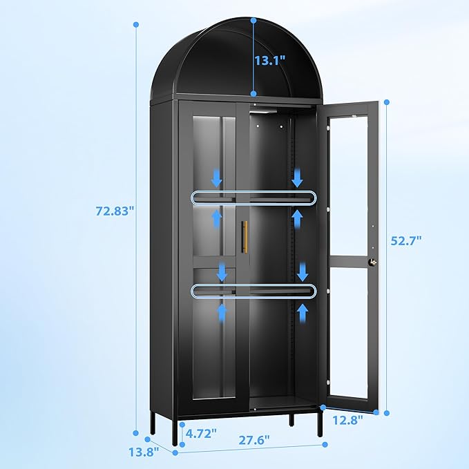 Metal Arched Display Cabinet with 3 Lights,Lockable Arch Cabinet with Glass Doors and 2 Adjustable Shelf for Home Office,Assembly Required,Black