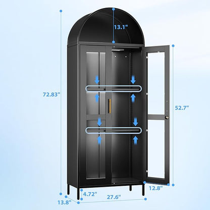 Metal Arched Display Cabinet with 3 Lights,Lockable Arch Cabinet with Glass Doors and 2 Adjustable Shelf for Home Office,Assembly Required,Black