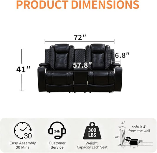 Power Recliner Loveseat Set, Living Room Furniture Sets, 2 Seated Loveseat Modern Reclining Couches, Black Leather Reclining Couch Sets with Storage Console/Cup Holder for Living Room/Apt