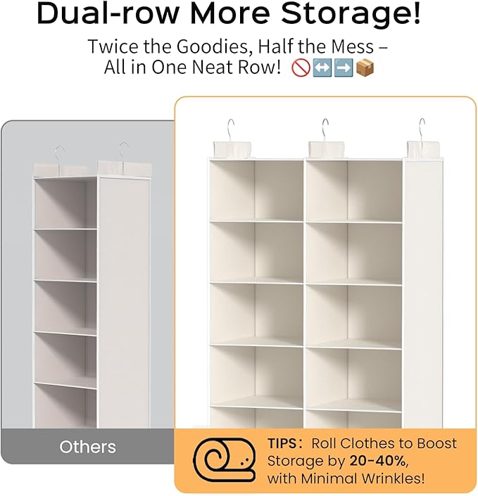 Space-Saving Hanging Closet Storage Organizer – Dual-Row Foldable Shelves with 3 Hooks, 6-Tier Wardrobe Organizer for Dorm, Bedroom, Closet (White)