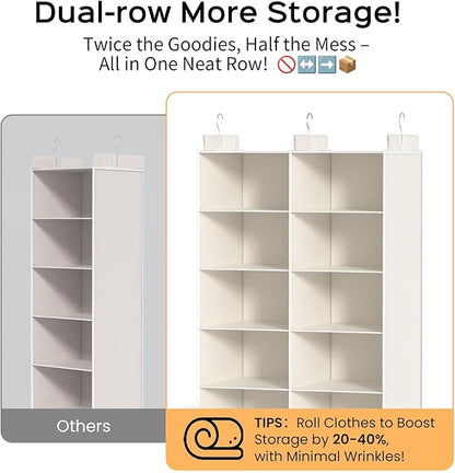 White 5-Tier Hanging Closet Storage Organizer - Space-Saving Dual-Row Foldable Shelves with 3 Hooks, Wardrobe Organizer for Dorm, Bedroom, Clothes and Accessories