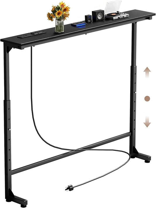 35 inch Narrow Console Table with Outlet,Adjustable Height(25"-37") Behind Sofa Table,Couch Behind Table Skinny,Couch Shelf with Charging Station,Long Entryway Tables for Living Room,Black