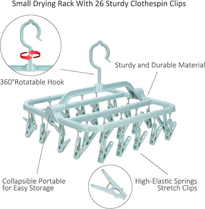 Foldable Clip Hangers with 26 Drying Clips, Underwear Hanger with Clips, Plastic Laundry Clip and Drip Drying Hanger for Socks, Bras, Lingerie, Clothes, Sturdy, Blue, 2pc