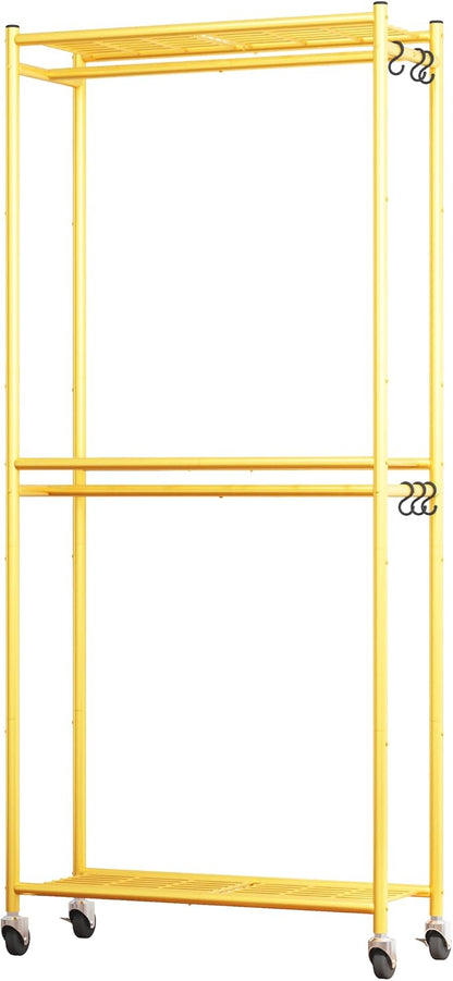 Clothes Rack - 33.0" x 12.2" x 79.5" Clothing Rack with Shelves & Wheels, Multi-Functional Wardrobe Closet with Hooks, Sturdy Metal Garment Rack for Bedroom, Laundry, Balcony (Gold)