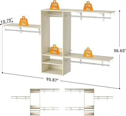 96 Inch Hanging Closet System, 8 FT Closet Organizer System with Hanging Rod, Walk In Mounted Closet System, Built-In Clothes Garment Rack with 3 Shelving Towers(Can Be Cut To Fit), Oak