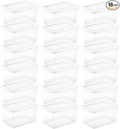 Sterilite 18 Pack Storage Boxes, Clear Plastic Stackable Containers, Lightweight Home Organizers with Snap Lids, 20 Quart, White