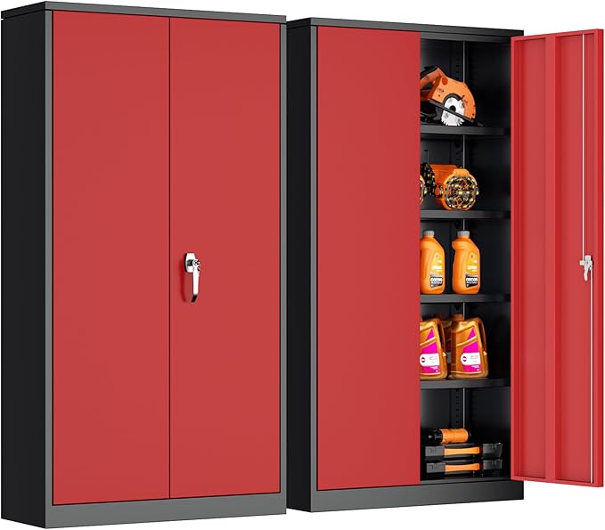 Bonusall Tool Garage Cabinet with Lock, 2 Doors Metal Storage Cabinets with 4 Adjustable Shelves, Lockable Steel Cabinet for Home Office, Warehouse，School(Black Red)