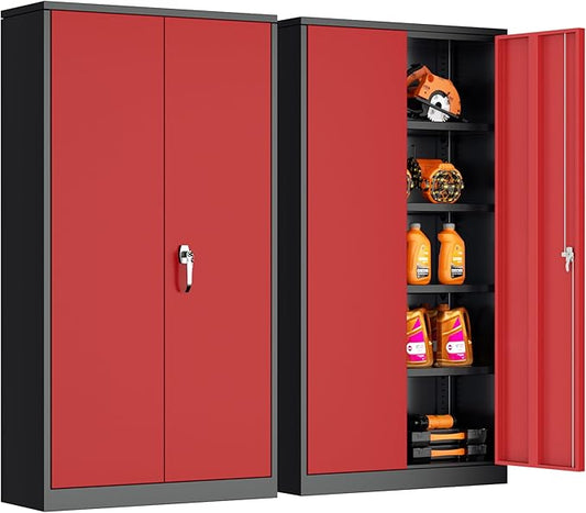 Bonusall Tool Garage Cabinet with Lock, 2 Doors Metal Storage Cabinets with 4 Adjustable Shelves, Lockable Steel Cabinet for Home Office, Warehouse，School(Black Red)