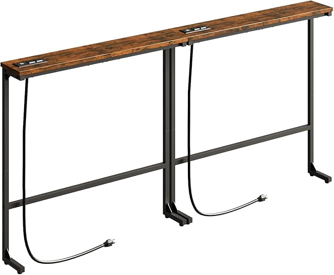 63 Inch Narrow Console Table with 2 Power Outlets, Behind Couch Table with Charging Station, Small Space Sofa Behind Table for Living Room, Entryway, Hallway, Rustic Brown