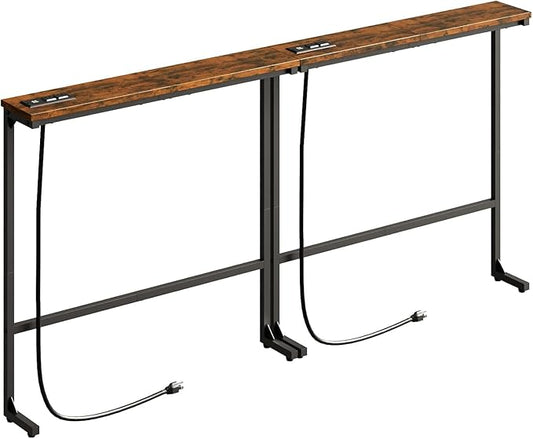 63 Inch Narrow Console Table with 2 Power Outlets, Behind Couch Table with Charging Station, Small Space Sofa Behind Table for Living Room, Entryway, Hallway, Rustic Brown