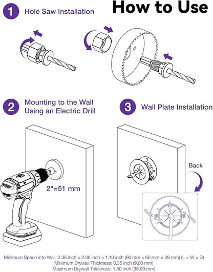 VCELINK in-Wall Cable Management Kit, 2.44" (62 mm) Mini Wall Cord Hider for TV/Coaxial/HDMI/Speaker Cords, Includes 2 Pass-Throughs, Locking Brackets, and Hole Saw Drill Attachment, Black, 2 Pack