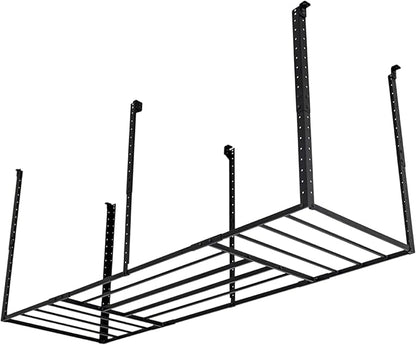 StoreYourBoard Heavy-Duty Ceiling Mounted Garage Shelving, Steel Overhead Ceiling Shelf, 3x8 Garage Organization Rack with Hooks, Holds 700 lbs