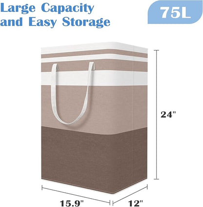 BlissTotes 3-Pack Laundry Basket, Freestanding＆Waterproof Laundry Hamper, Collapsible Tall Clothes Hamper with Easy Carry Handles for Clothes, Towels in the Family and Dorm,Gradient Khaki,75L