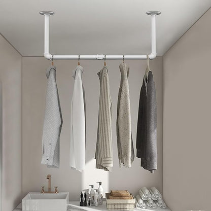 Industrial Iron Pipe Clothes Hanging Bar DIY Wall-Mounted Garment Rack Heavy Duty Clothing Rack for Bedroom, Laundry Room, Closet Storage (White 24 inch)