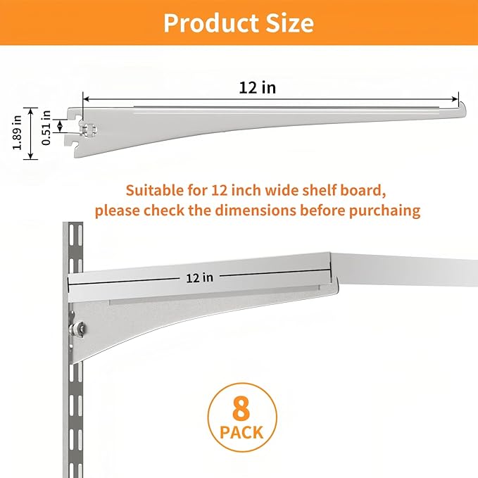 8 Pcs Tap-in Shelf Brackets, 12 Inches Adjustable Shelf Track Brackets for Single Track Twin Track System Closet, Bookshelf, Spice Rack (Silver)