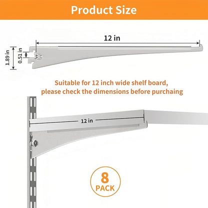 8 Pcs Tap-in Shelf Brackets, 12 Inches Adjustable Shelf Track Brackets for Single Track Twin Track System Closet, Bookshelf, Spice Rack (Silver)