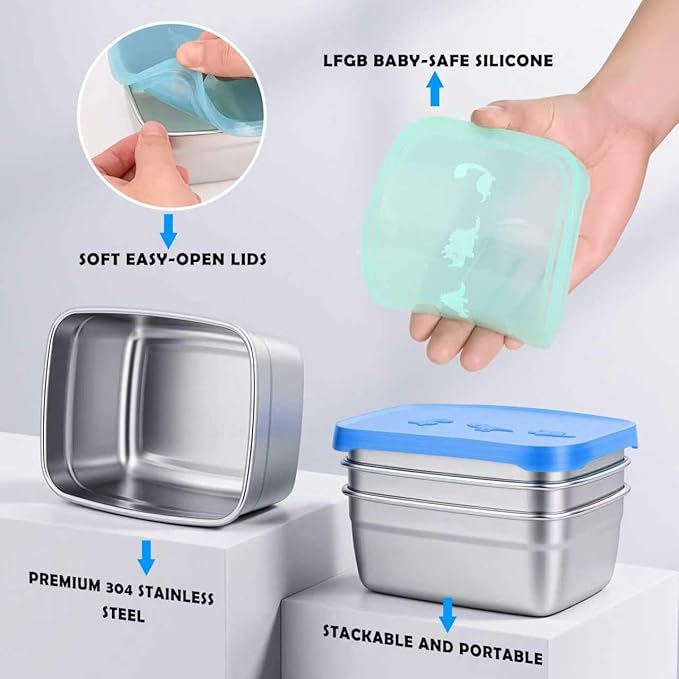 3-Pack Stainless Steel Snack Containers for Kids & Toddlers - 550ml (18oz) Leakproof Colorful Lids with Cute Dinosaurs | LFGB Certified, Stackable Metal Lunch Box for Daycare, School, Travel