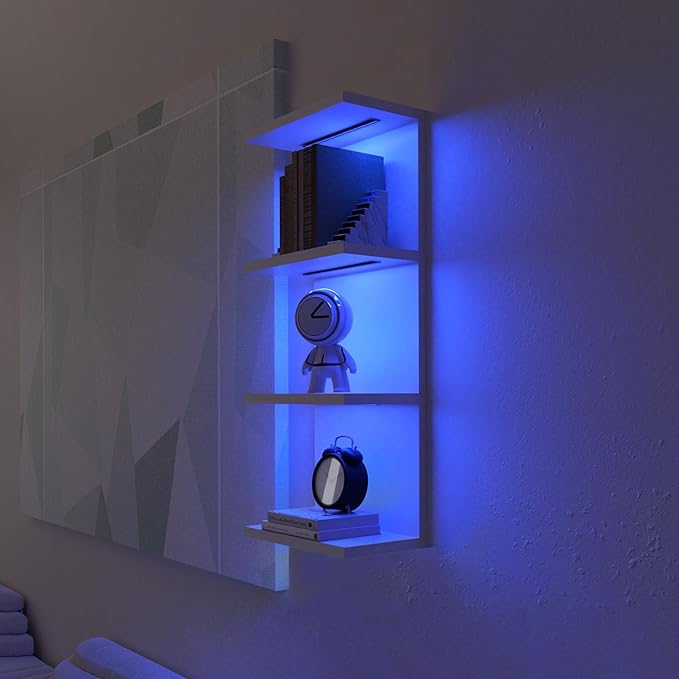 4-Tier Wall Shelf Unit with RGB Lights, Floating Lack Shelf for Home Decor, Wall Mounted Vertical Display Shelf for Bedroom Living Room Vanity, White