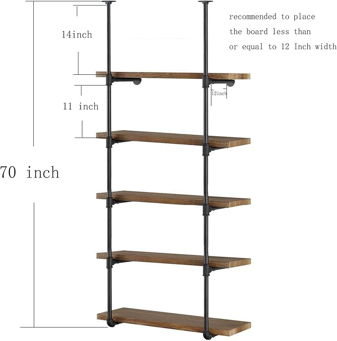 Yuanshikj 2Pc (70" Tall 12" deep 3/4") Industrial Wall Mount Iron Pipe Shelf Shelves Shelving Bracket Vintage Retro Black DIY Open Bookshelf Storage Home Kitchen (2 Pcs 5Tier Hardware only)