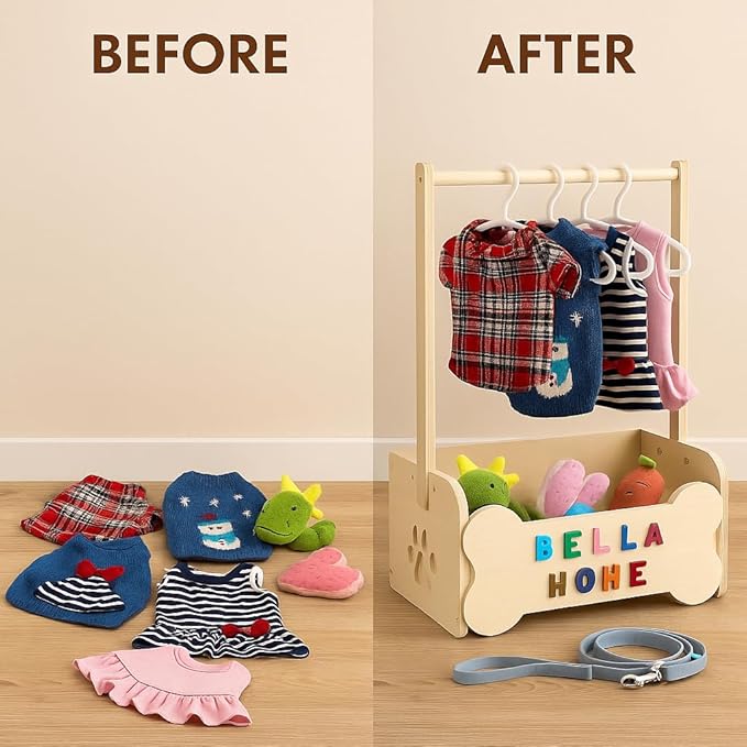 Wooden Dog Clothes Closet for Small Dogs, Pet Wardrobe with Hanging Rod & 10 Hangers, Clothing Rack & Toy Storage for Chihuahua Yorkie Pomeranian, DIY Name Plates, for Dog Moms