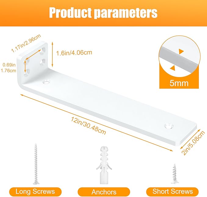 White Floating Shelf Brackets 12 inch, Heavy Duty Wall Shelf Bracket 6 Pack for Shelves Support, Hidden Metal L Brackets with Mounting Hardware (1/5'' Thick)