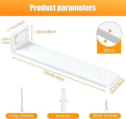 White Floating Shelf Brackets 12 inch, Heavy Duty Wall Shelf Bracket 8 Pack for Shelves Support, Hidden Metal L Brackets with Mounting Hardware (1/5'' Thick)