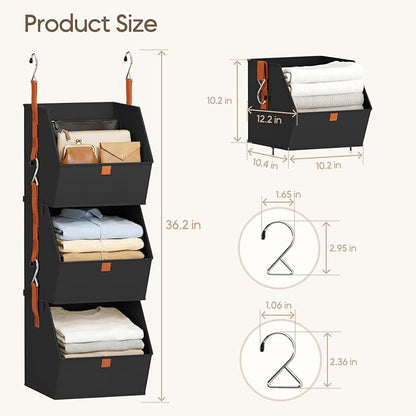 Collapsible Hanging Closet Organizer - 6 Tier Closet Shelves Storage System with Hooks, Fabric Hanging Storage Bins for Clothes, Foldable Storage Basket for Laundry, Bedroom, Rv, Black