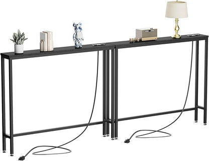 IBUYKE 2 Pack Console Table Narrow Long Sofa Table with Power Outlets USB Ports,Industrial Wooden Entry Table with Charge Station with Extension Cord,for Entryway Living Room Hallway Black TMJ061B-2
