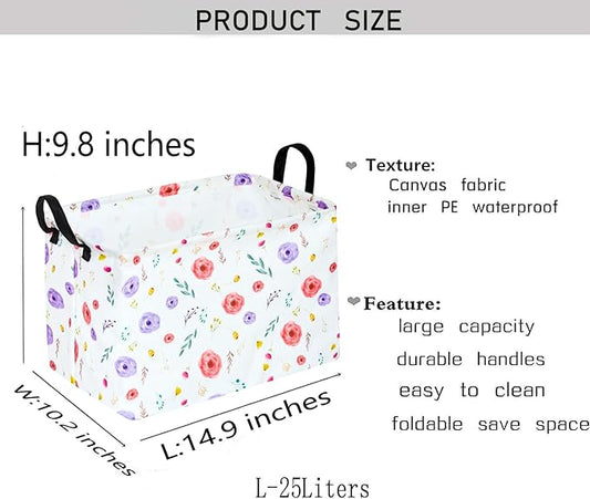 KUNRO Rectangle Flower Patter Storage Basket Gift Shelf Basket Storage Bin, Nursery Basket Organizer Box for With Handles for Room Deco