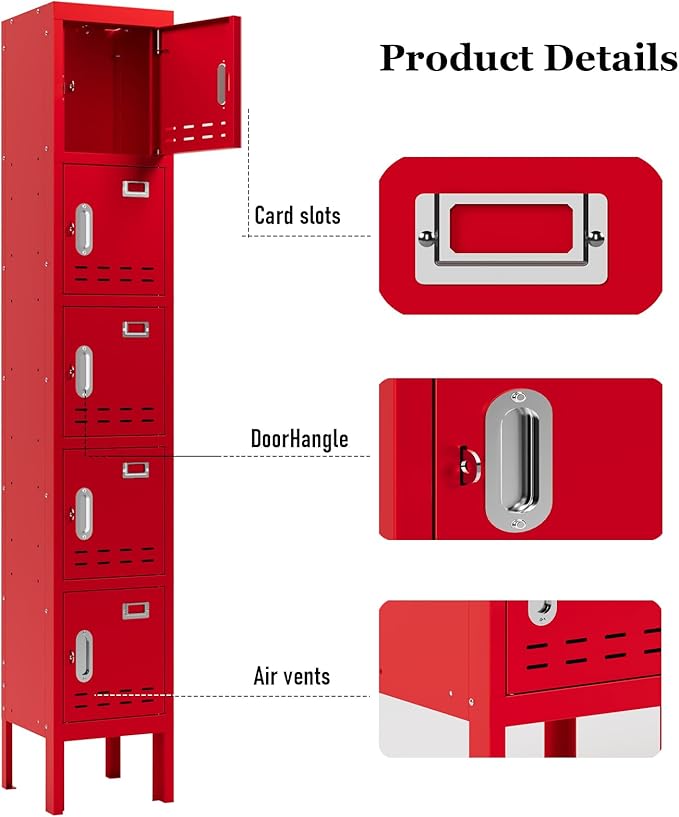 Metal Storage Locker with Lock & Card Slot Locker - Secure Lockable Door - Steel Locker for School, Office, Gym, Home - 66.15" H x 11.8" W x 11.8" D（5 Door, Red）