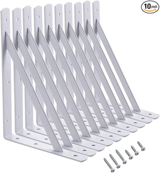 HOME MASTER HARDWARE 12 x 8 inch Heavy Duty Shelf Brackets, Load Capacity: 600lb, 10-Pack White Metal L Supports for Wall Mounted Wood Shelving, Shelves Bracket with Screws